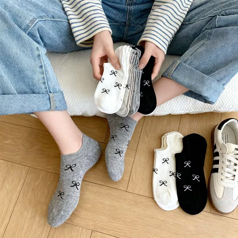 Lot de 6 Paires de Chaussettes Invisibles à Nœud Élégant – Style Coréen & Coquette, Respirantes et Anti-Glisse