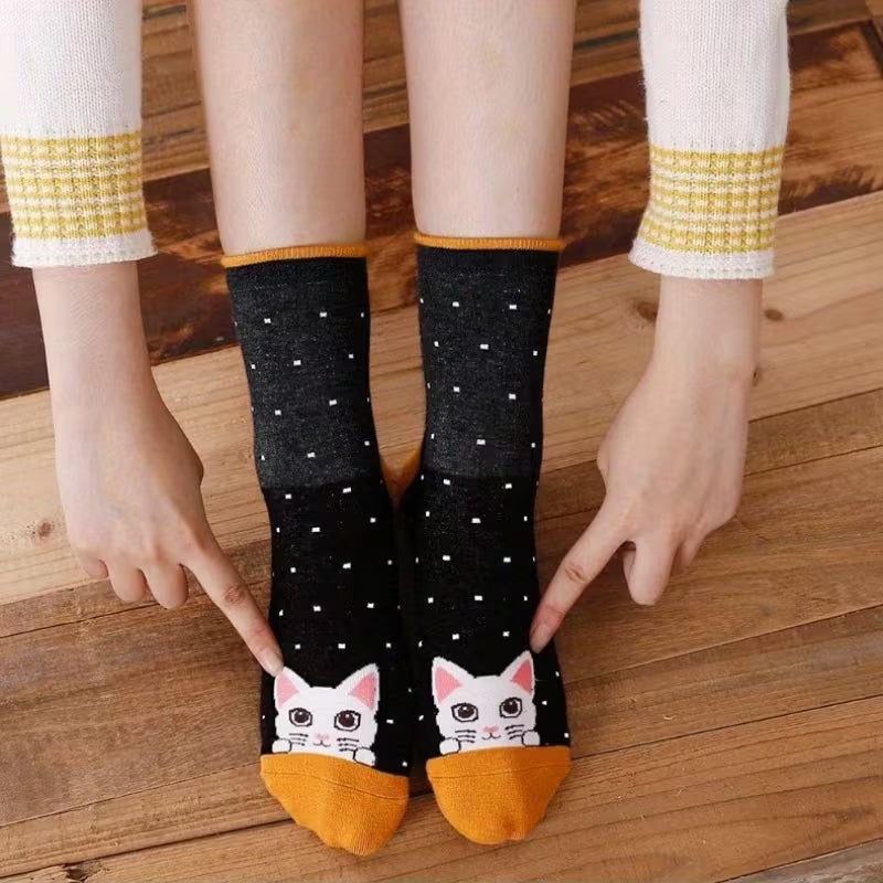 Lot de 5 Paires de Chaussettes Mignonnes Motif Chat – Coton Ultra-Doux, Extensibles & Anti-Humidité