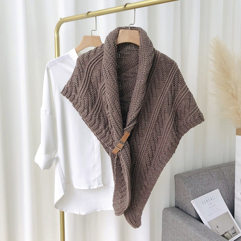 Châle Triangulaire Tricoté Avec Boucle En Cuir - Écharpe Hiver Femme Polyvalente - Taille 170x70 Cm