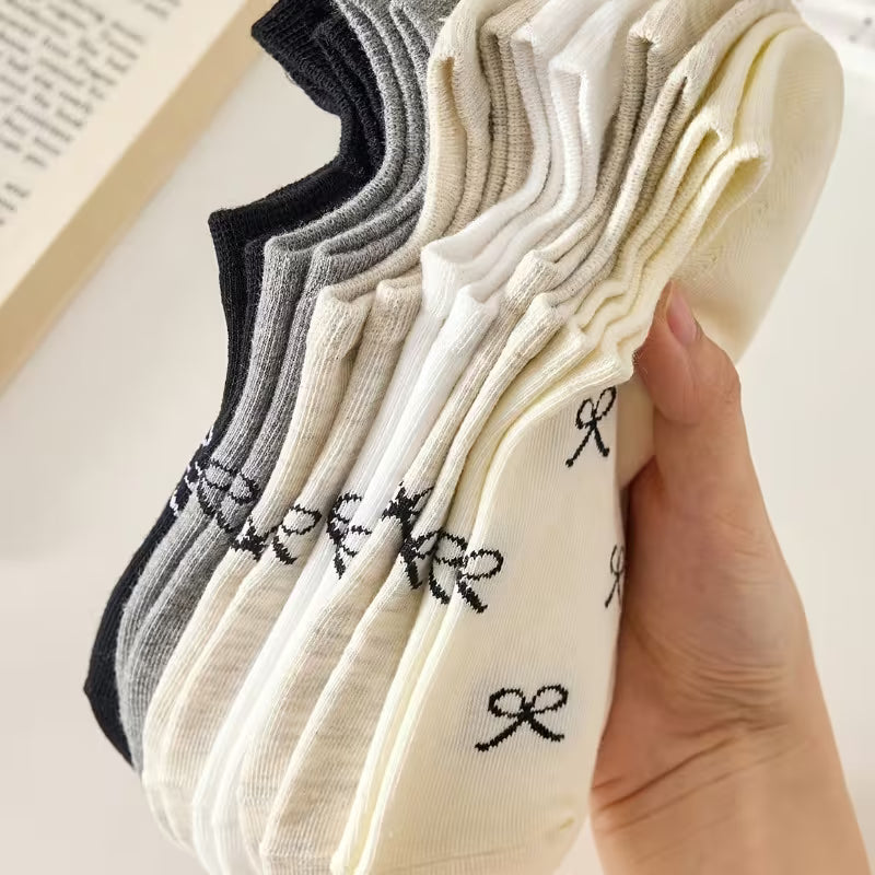 Lot de 6 Paires de Chaussettes Invisibles à Nœud Élégant – Style Coréen & Coquette, Respirantes et Anti-Glisse