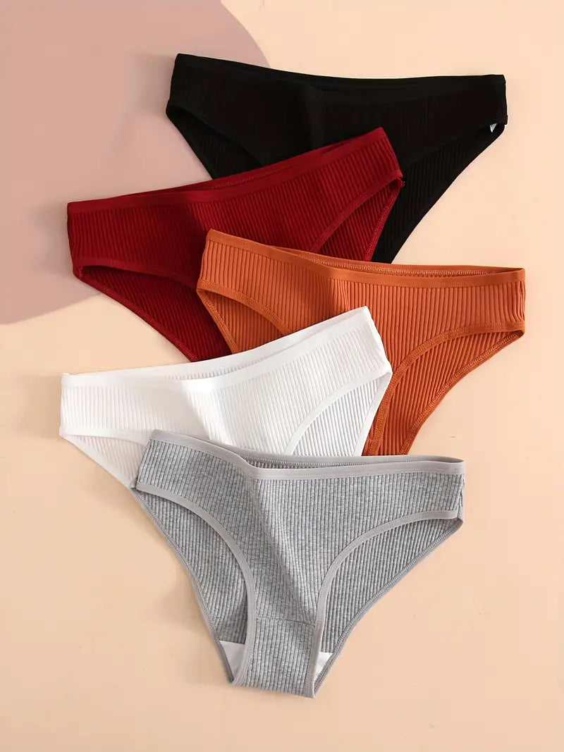 5 Pièces Slips Côtelés Solides - Culottes Intimes Extensibles, Confortables et Respirantes