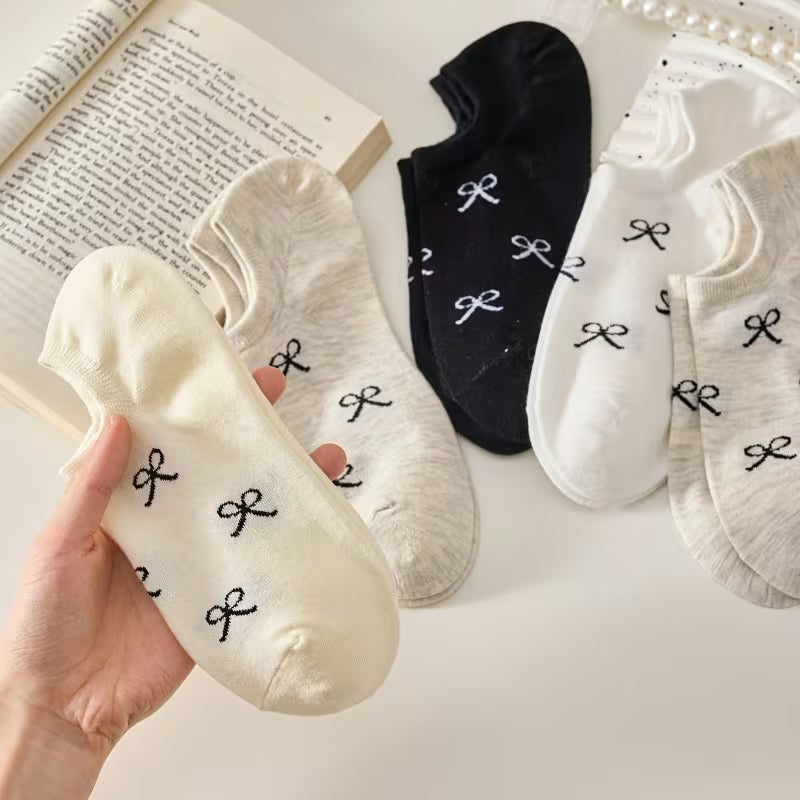 Lot de 6 Paires de Chaussettes Invisibles à Nœud Élégant – Style Coréen & Coquette, Respirantes et Anti-Glisse