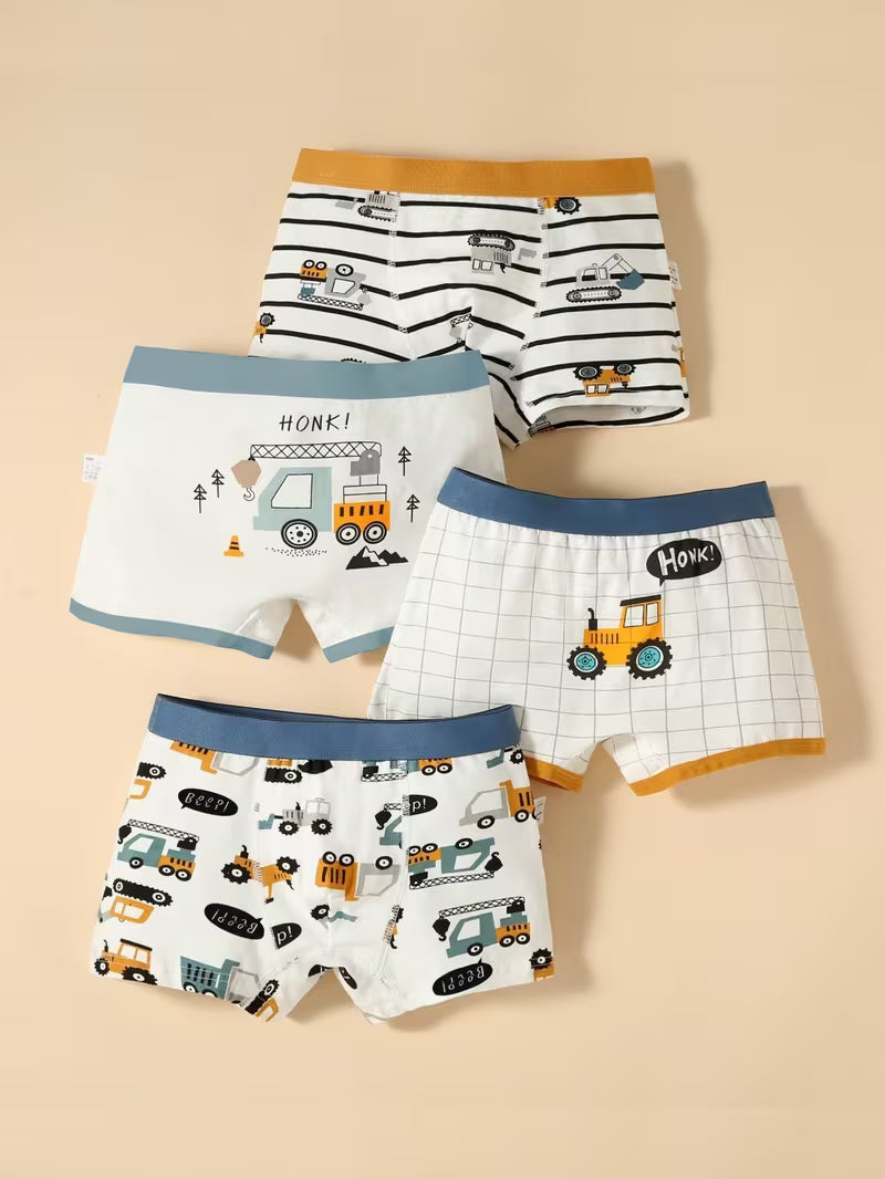 Pack de 4 Slips Garçon en Coton Doux – Imprimés Dessins Animés, Coupe Confort & Anti-Serrage