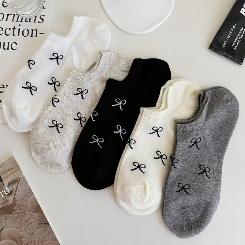 Lot de 6 Paires de Chaussettes Invisibles à Nœud Élégant – Style Coréen & Coquette, Respirantes et Anti-Glisse