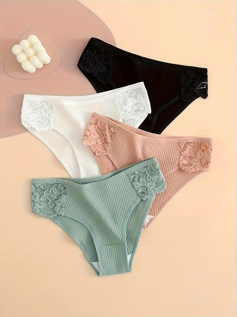 4 Pièces Culottes en Dentelle Contrastée - Culottes Extensibles, Côtelées, Confortables et Respirantes