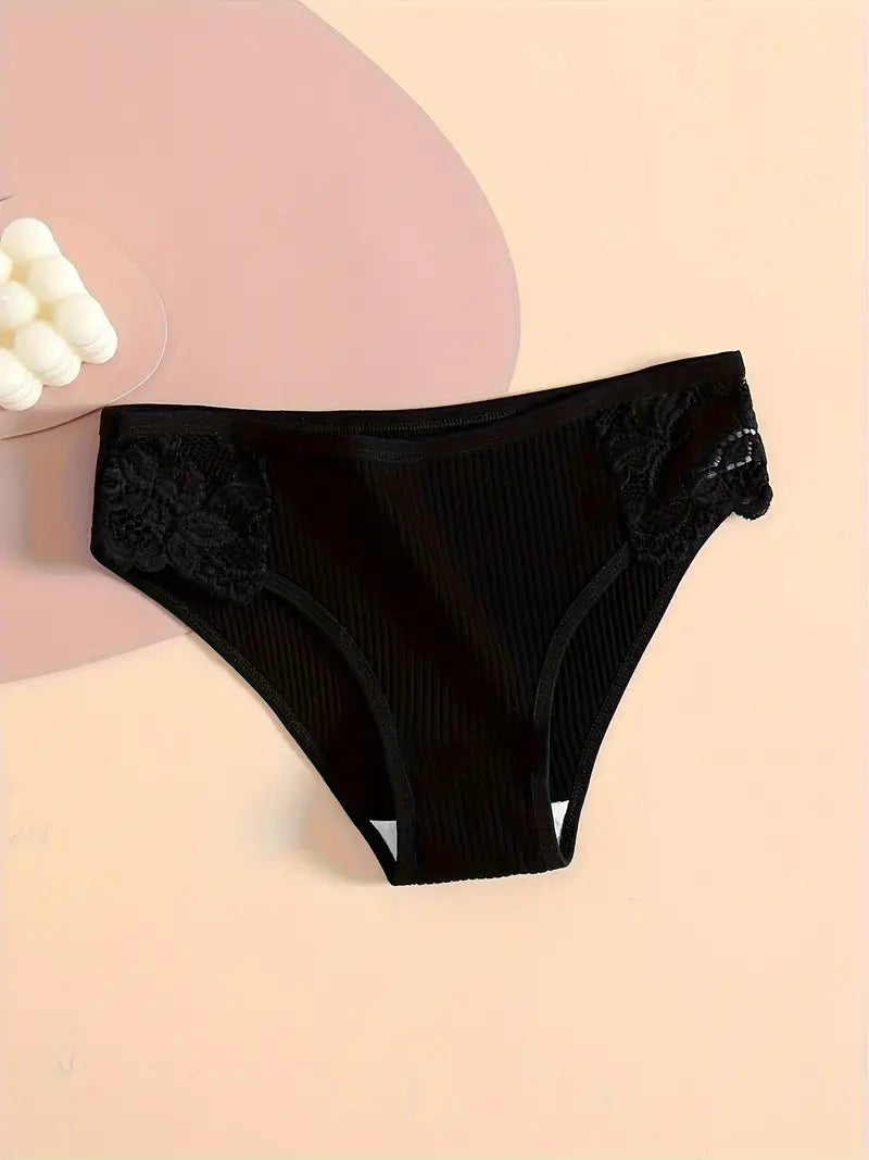 4 Pièces Culottes en Dentelle Contrastée - Culottes Extensibles, Côtelées, Confortables et Respirantes