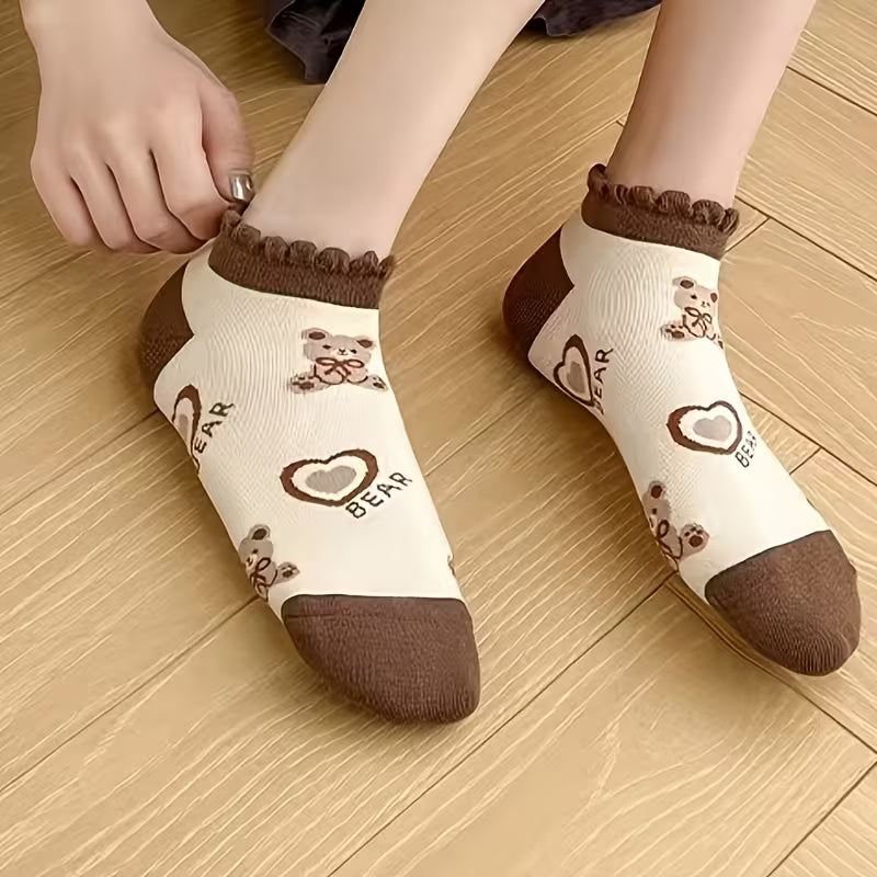 Lot de 5 Paires de Chaussettes Bateau en Dentelle Floral – Style Japonais, Respirantes & Anti-Glisse (Teintes Café & Marguerites)