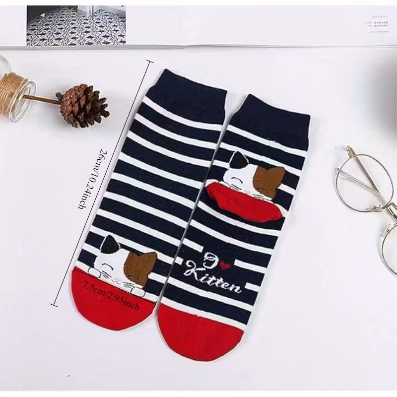 Lot de 5 Paires de Chaussettes Mignonnes Motif Chat – Coton Ultra-Doux, Extensibles & Anti-Humidité