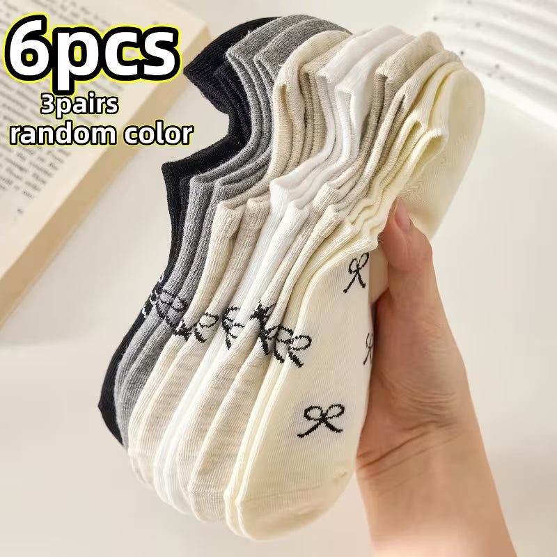 Lot de 6 Paires de Chaussettes Invisibles à Nœud Élégant – Style Coréen & Coquette, Respirantes et Anti-Glisse