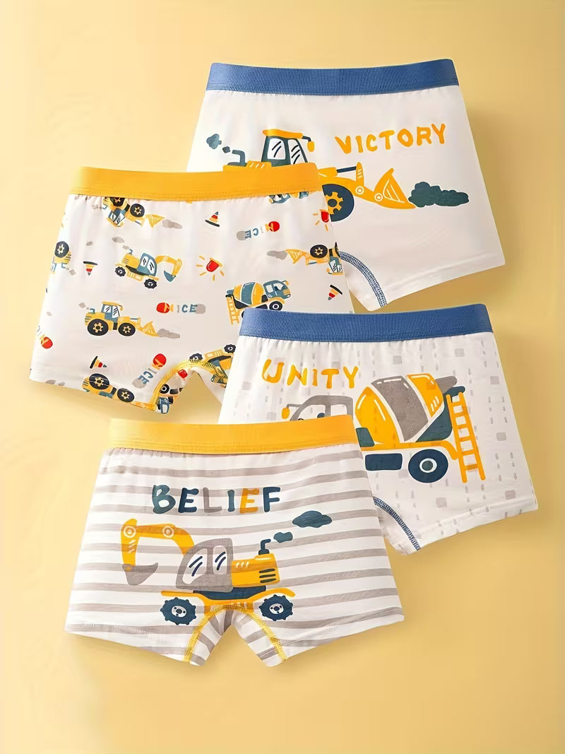 Pack de 4 Boxers Garçon en Coton Ultra-Doux – Imprimés Pelleteuses, Engins de Chantier & Animaux, Confort & Anti-Irritations