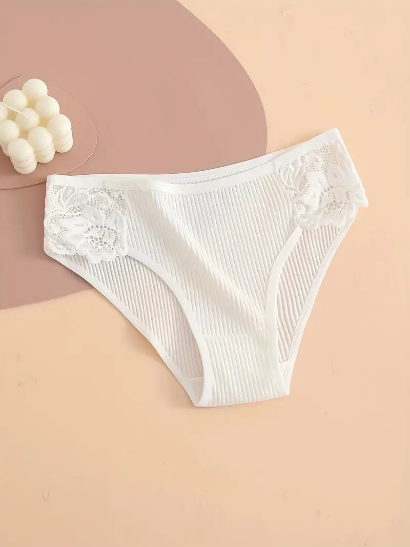 4 Pièces Culottes en Dentelle Contrastée - Culottes Extensibles, Côtelées, Confortables et Respirantes