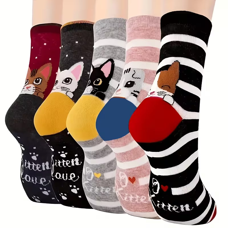 Lot de 5 Paires de Chaussettes Mignonnes Motif Chat – Coton Ultra-Doux, Extensibles & Anti-Humidité