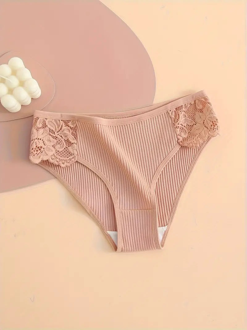4 Pièces Culottes en Dentelle Contrastée - Culottes Extensibles, Côtelées, Confortables et Respirantes