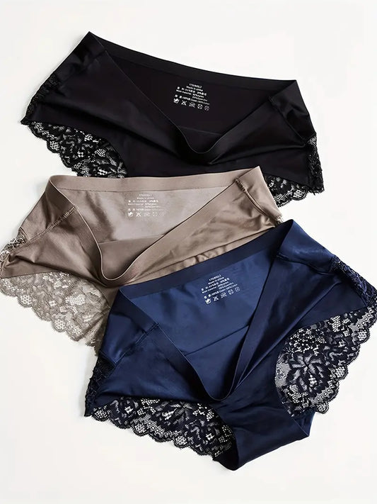Ensemble de 3 Pièces Culottes Respirantes et Confortables - Dentelle, Satin