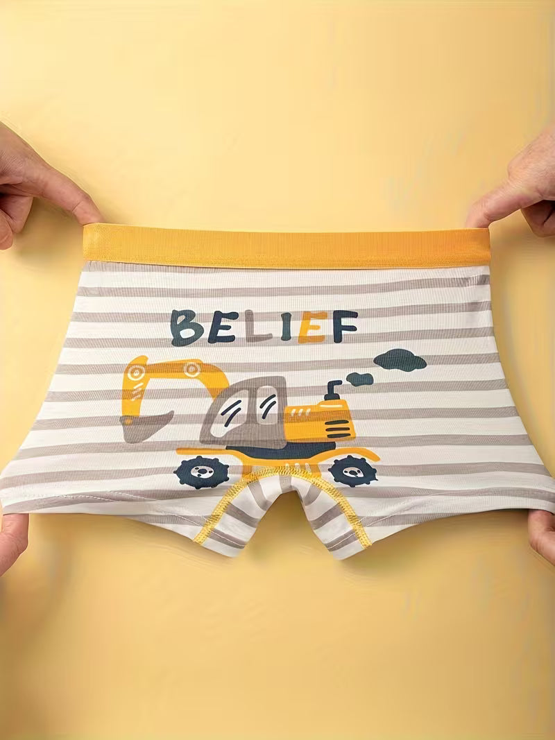 Pack de 4 Boxers Garçon en Coton Ultra-Doux – Imprimés Pelleteuses, Engins de Chantier & Animaux, Confort & Anti-Irritations