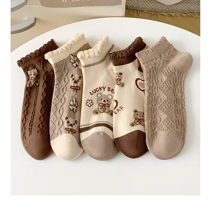 Lot de 5 Paires de Chaussettes Bateau en Dentelle Floral – Style Japonais, Respirantes & Anti-Glisse (Teintes Café & Marguerites)